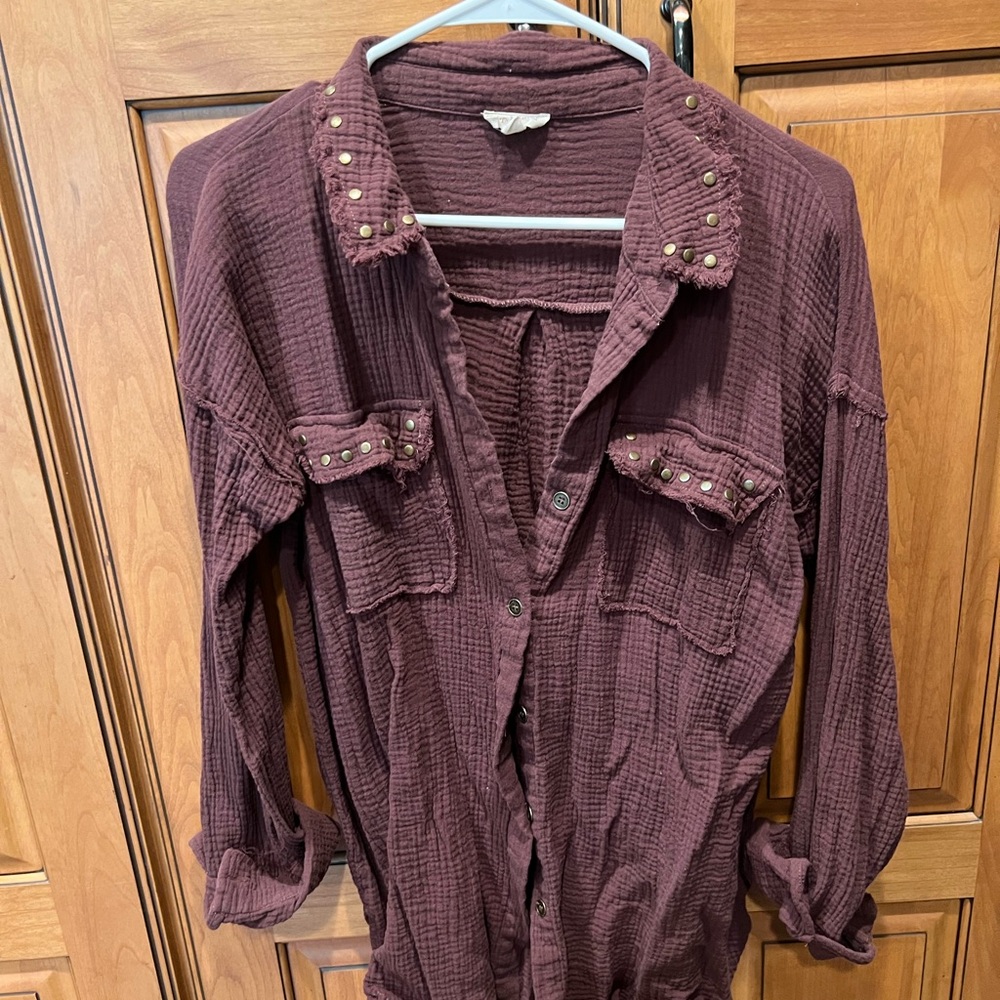 Studded Plum Gauze Button-Up Shirt